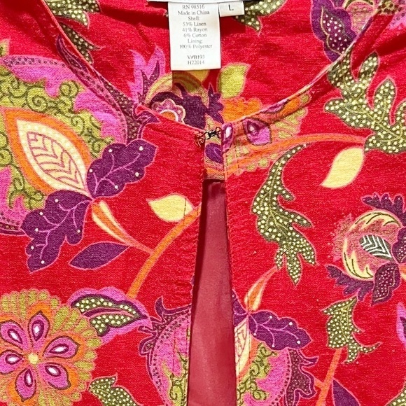 Coldwater Creek Linen Blend Fully Lined Red Floral Jacket Sz L - Picture 8 of 8
